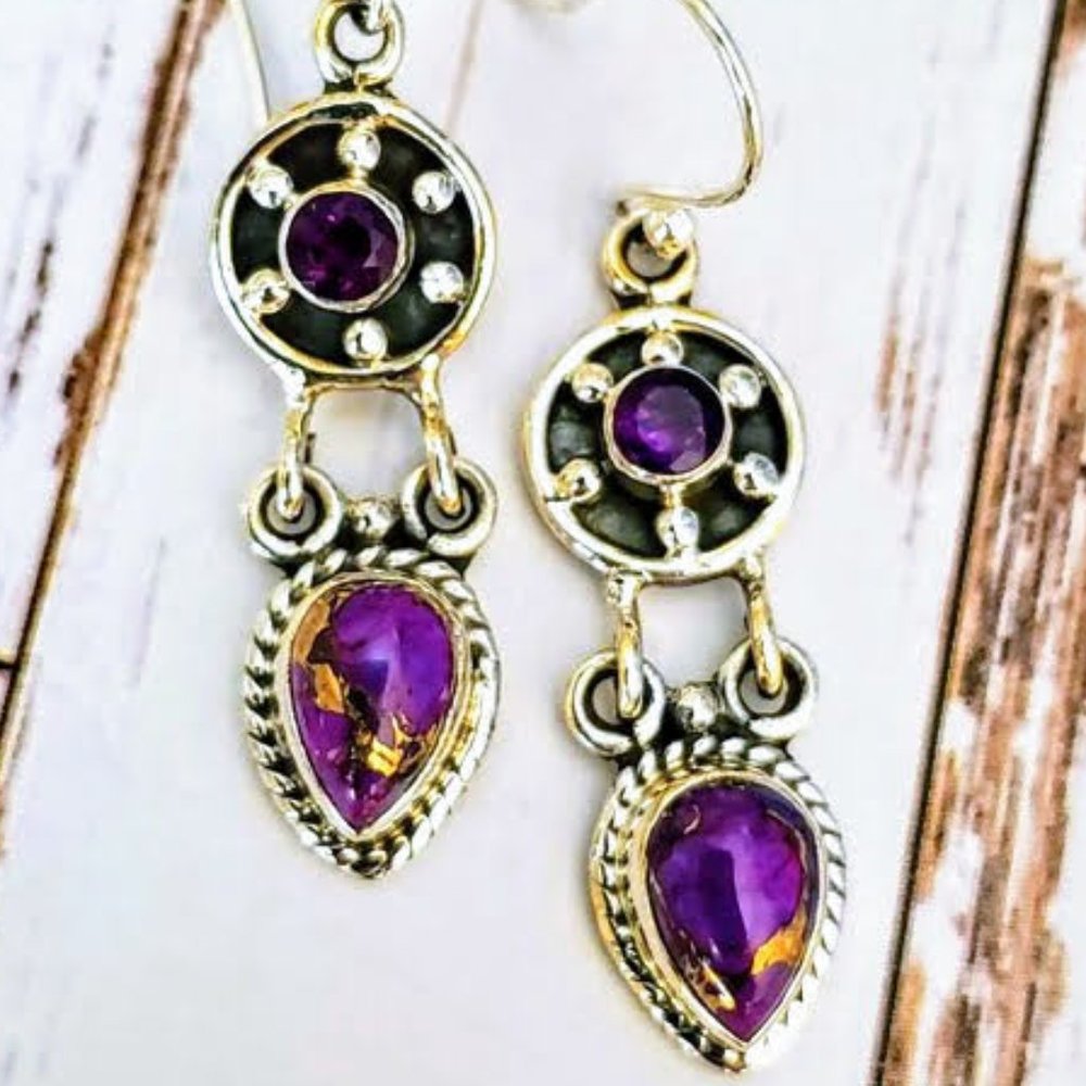 Purple Turquoise & Amethyst Sterling Silver Earrings